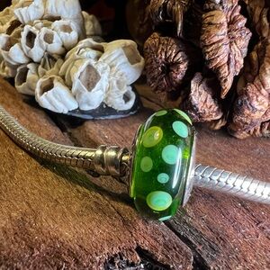 Authentic Pandora Charm Green Bubbles Yellow Murano Glass Bead Dotted